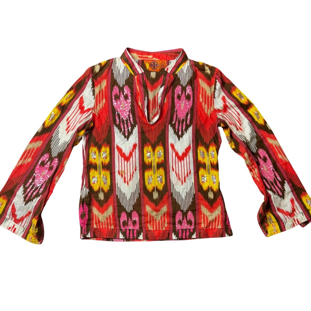 Tory Burch Stephanie Sequin Embellished Cotton Tunic Red Pink Brown Womens 10